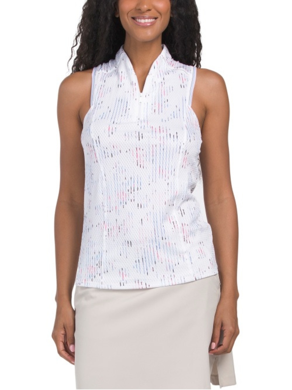 Lucky in Love White Sleeveless Zip Golf Top with Pink and Blue Accents